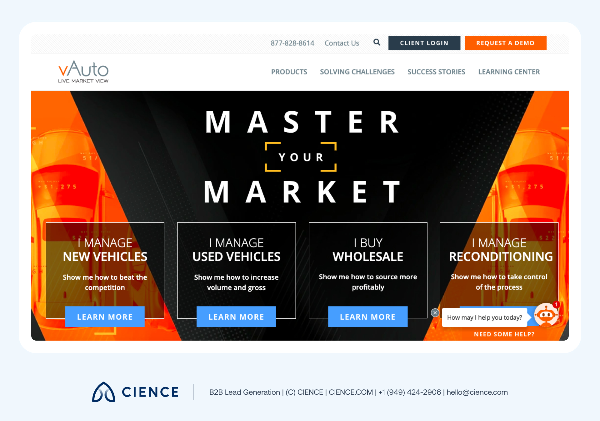 vAuto’s homepage with short, persona-specific text blocks allowing visitors to self-identify their role and navigate directly to relevant product sections